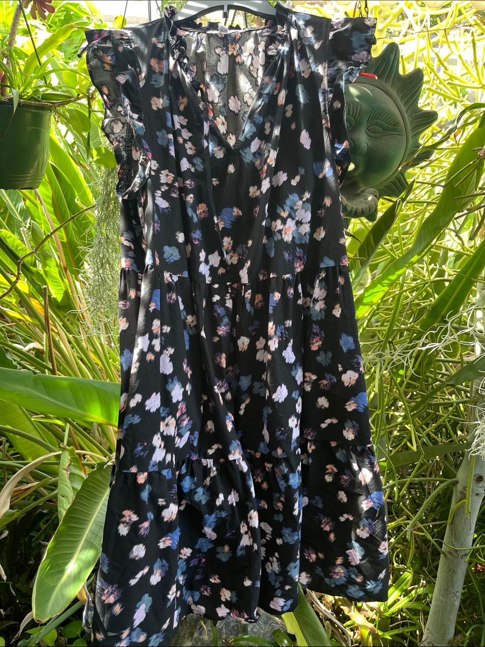 Black Floral Tiered Sundress with Ruffled Shoulders